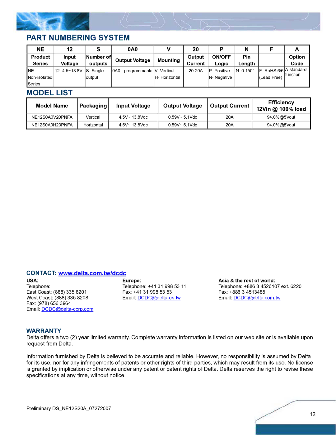 Delta Electronics 4.5V~13.8Vin, 20A, 0.59V~5.1Vout manual Part Numbering System, Model List 