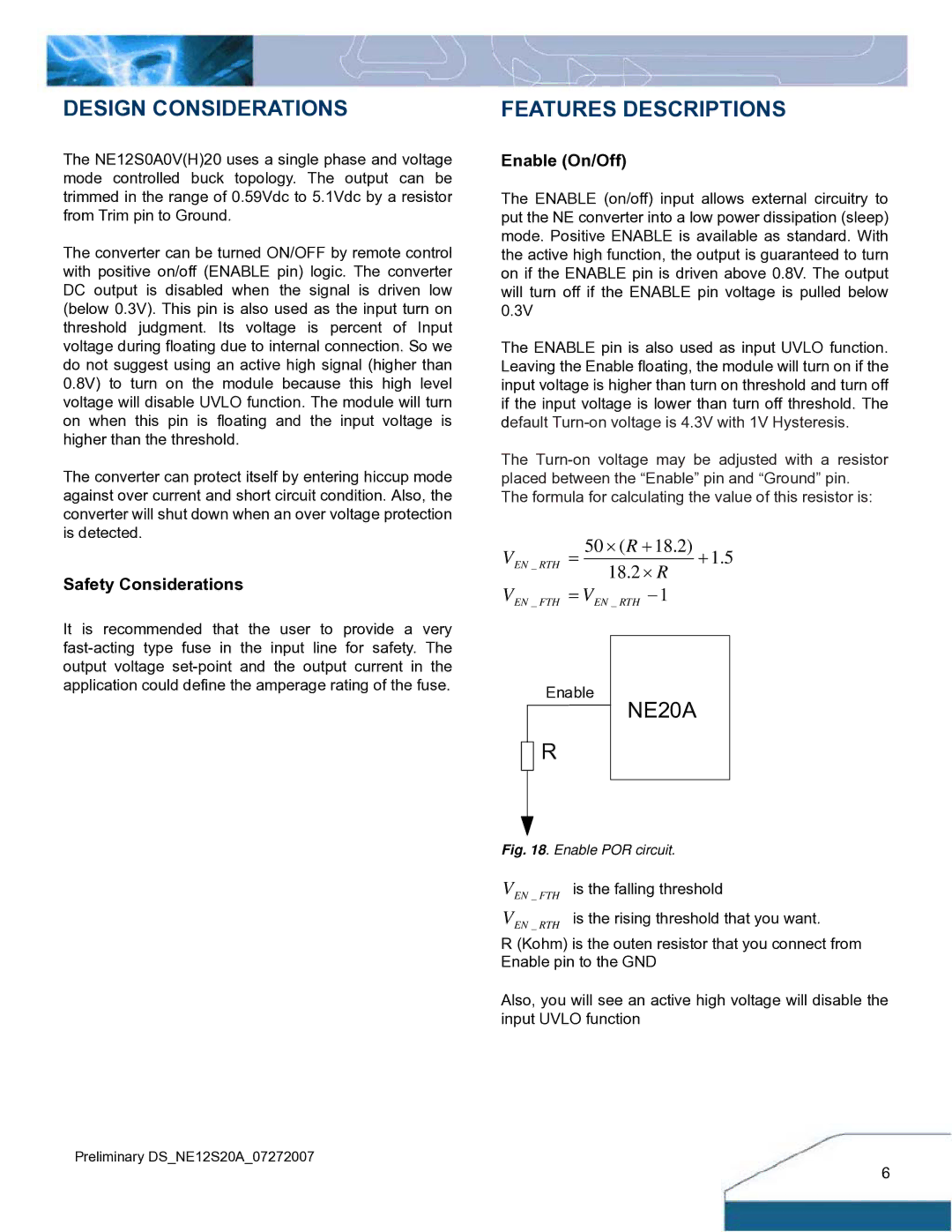 Delta Electronics 4.5V~13.8Vin, 20A Design Considerations, Features Descriptions, Safety Considerations, Enable On/Off 