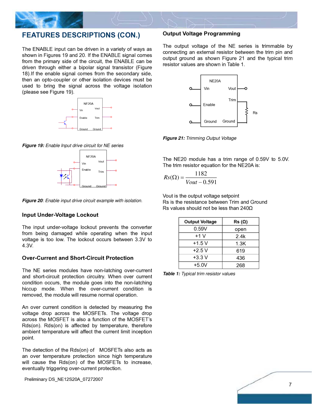 Delta Electronics 20A Features Descriptions CON, Input Under-Voltage Lockout, Over-Current and Short-Circuit Protection 