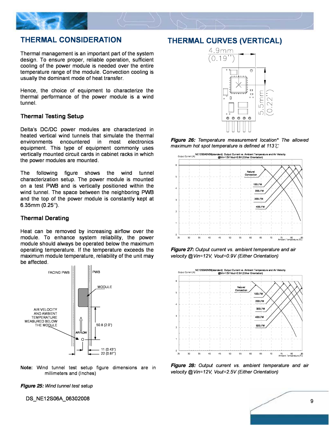 Delta Electronics 6A Series manual Thermal Consideration, Thermal Testing Setup, Thermal Derating, Thermal Curves Vertical 
