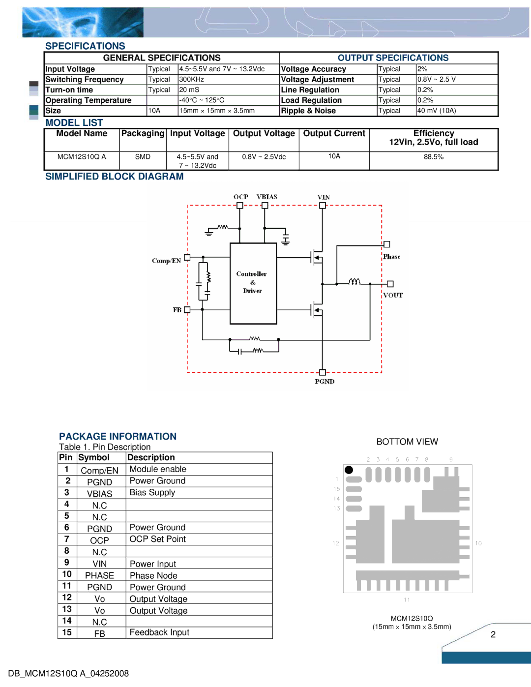 Delta Electronics 7V ~ 13.2V, 4.5V~ 5.5V manual Specifications, Model List, Simplified Block Diagram Package Information 