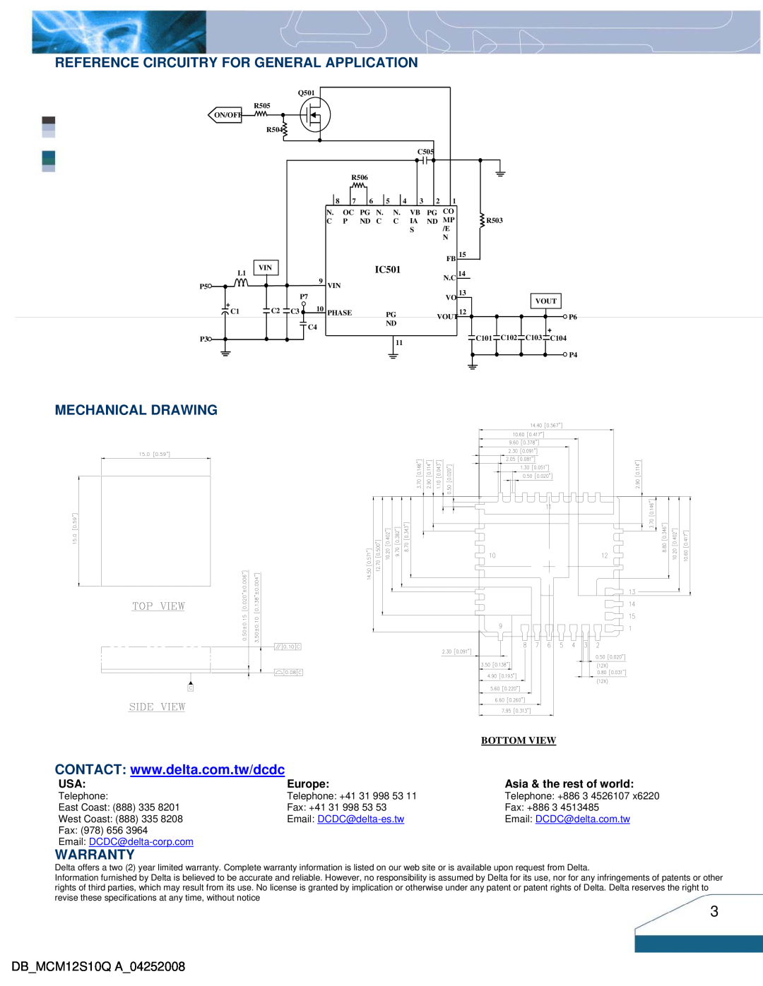 Delta Electronics 4.5V~ 5.5V Reference Circuitry For General Application, Mechanical Drawing, Warranty, Bottom View, IC501 