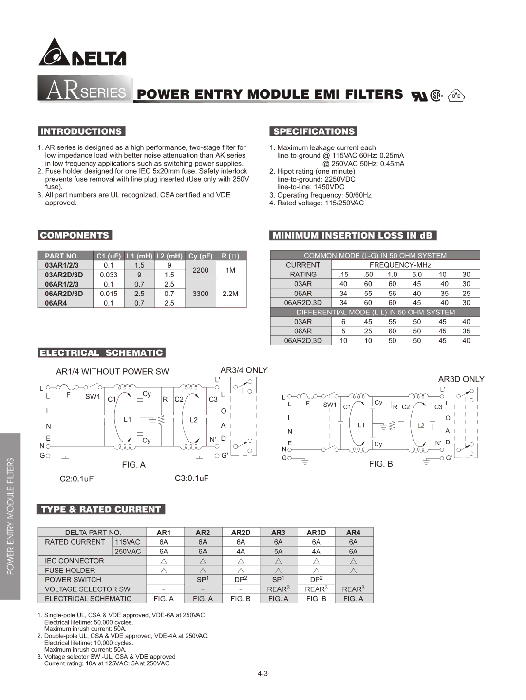 Delta Electronics AR specifications Introductions Specifications, Components, Electrical Schematic, Type & Rated Current 