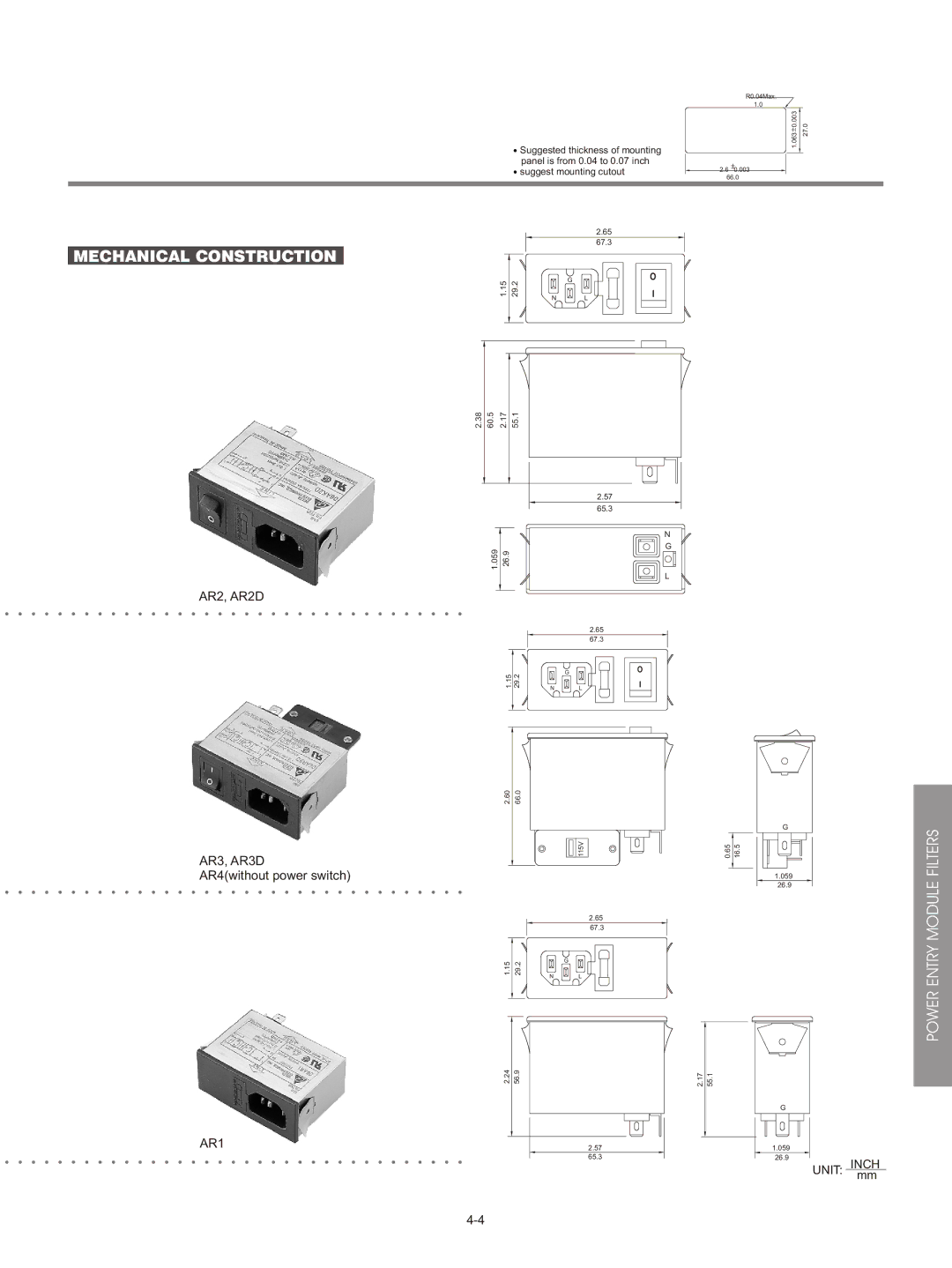 Delta Electronics AR specifications Mechanical Construction, Power Entry Module Filters 