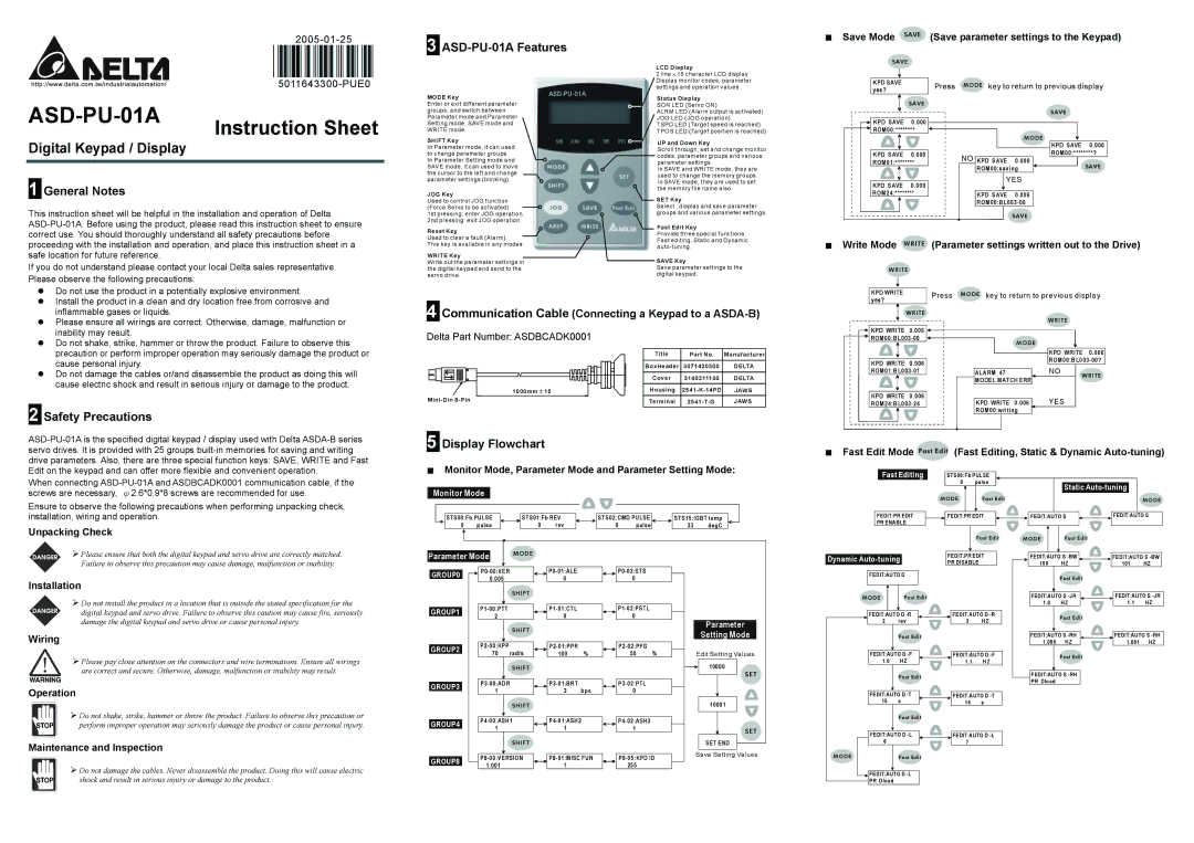 Delta Electronics instruction sheet ASD-PU-01A Features, General Notes, Safety Precautions, Display Flowchart 