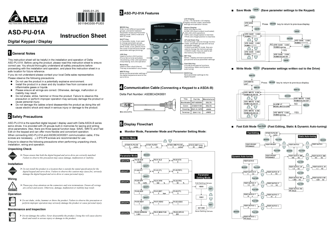 Delta Electronics instruction sheet Instruction Sheet, Digital Keypad / Display, ASD-PU-01A Features, General Notes 