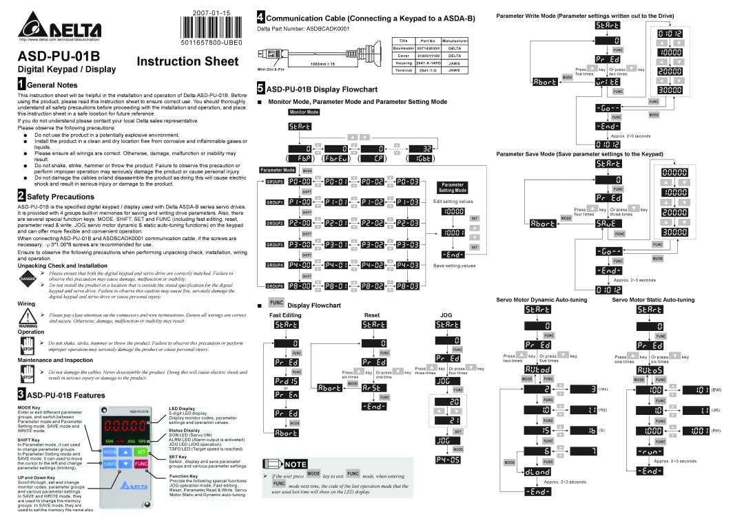 Delta Electronics instruction sheet General Notes, Safety Precautions, ASD-PU-01B Display Flowchart 