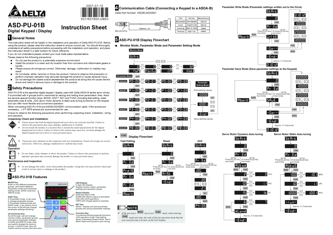 Delta Electronics ASD-PU-01B instruction sheet Instruction Sheet, Digital Keypad / Display, General Notes 