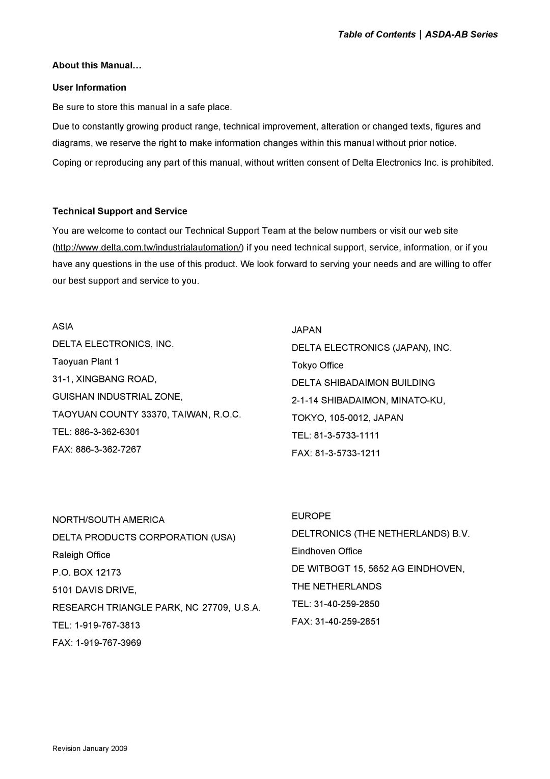 Delta Electronics ASDA-AB manual About this Manual… User Information, Technical Support and Service 