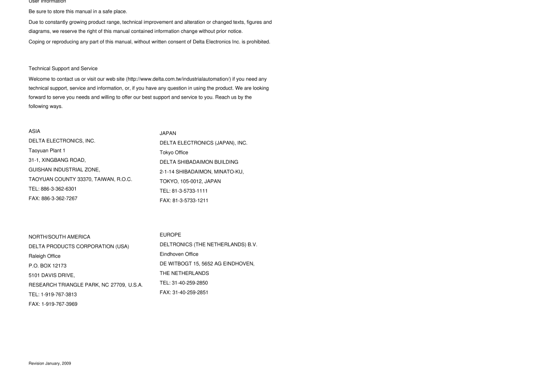 Delta Electronics ASDA-B Series manual About this Manual… User Information, Technical Support and Service 