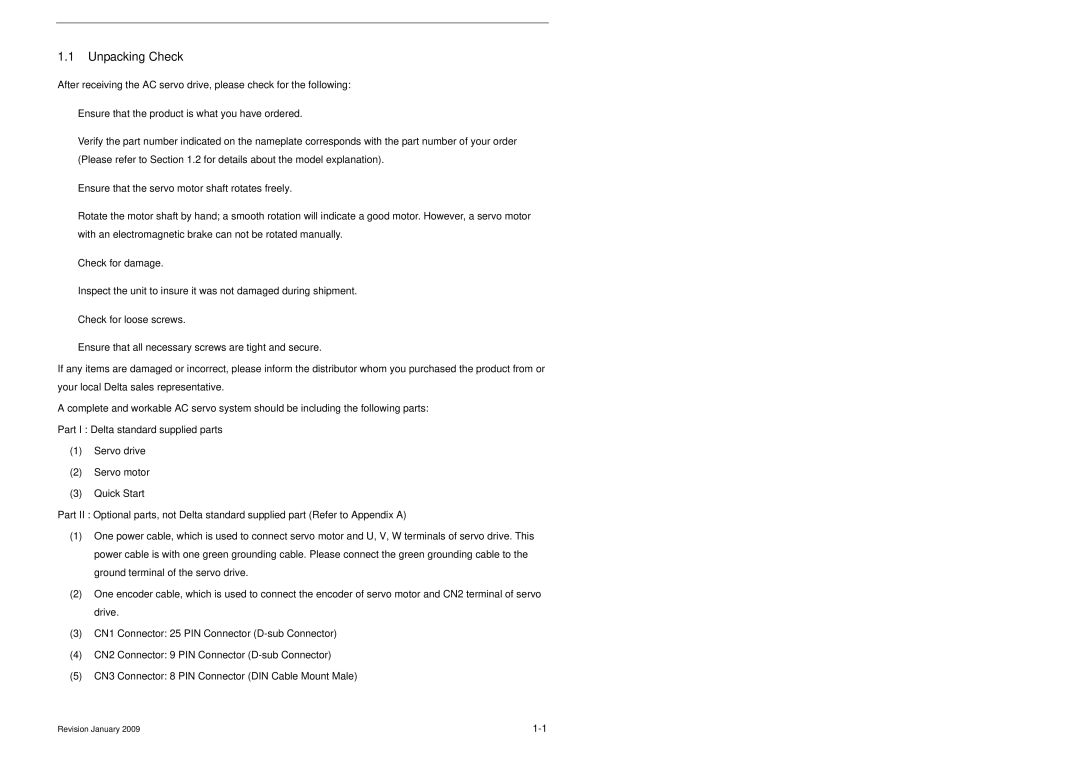 Delta Electronics ASDA-B Series Unpacking Check, „ Ensure that the product is what you have ordered, „ Check for damage 