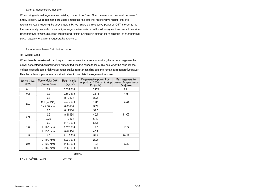 Delta Electronics ASDA-B Series „ External Regenerative Resistor, „ Regenerative Power Calculation Method Without Load 