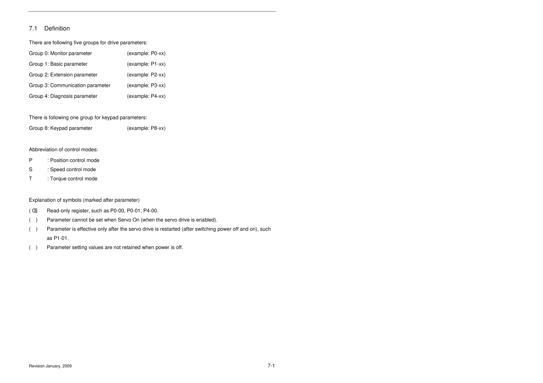 Delta Electronics ASDA-B Series Definition, Abbreviation of control modes, Explanation of symbols marked after parameter 