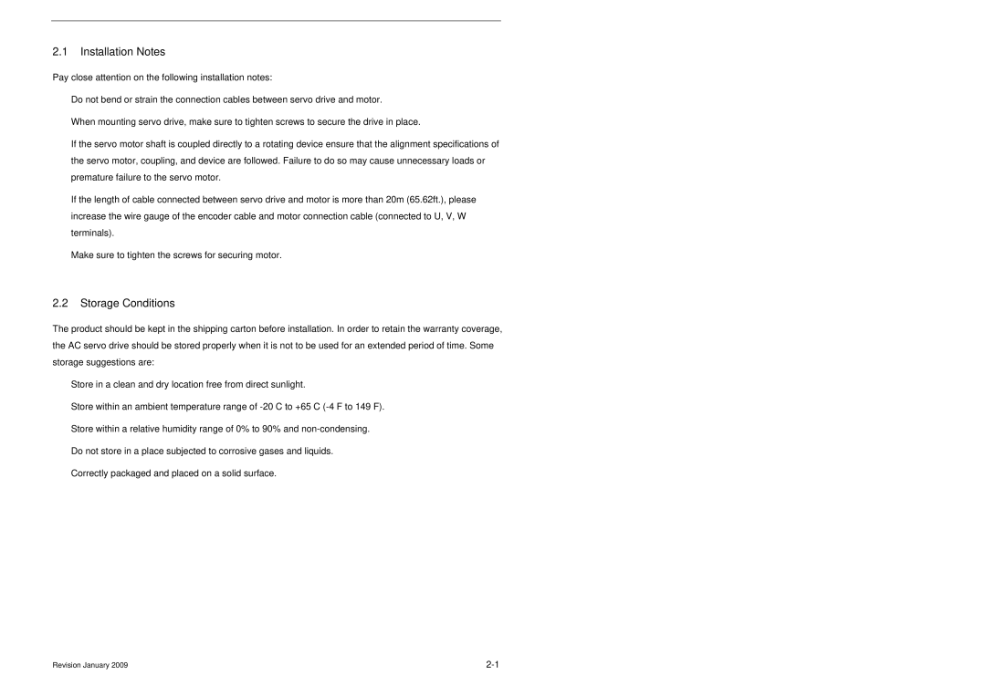 Delta Electronics ASDA-B Series manual Installation Notes, Storage Conditions 