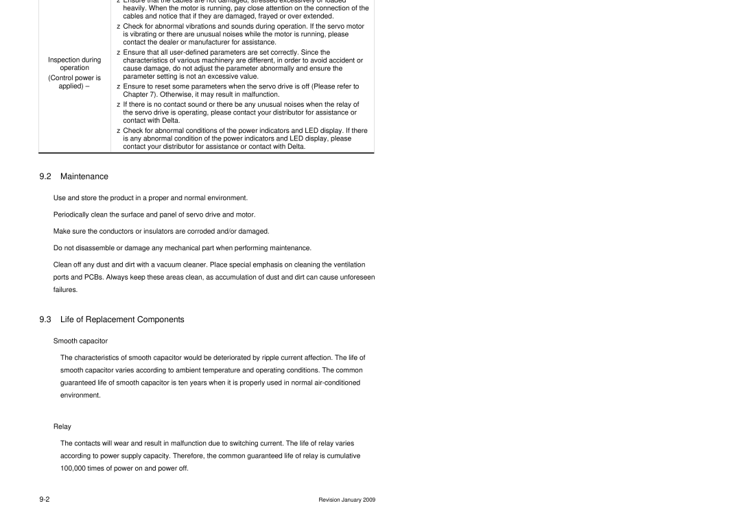 Delta Electronics ASDA-B Series manual Maintenance, Life of Replacement Components, „ Smooth capacitor, „ Relay 