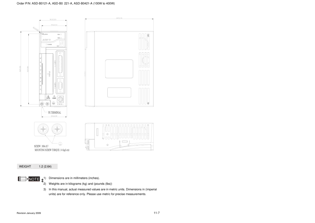 Delta Electronics ASDA-B Series manual Dimensions of Servo Drive, Weight 