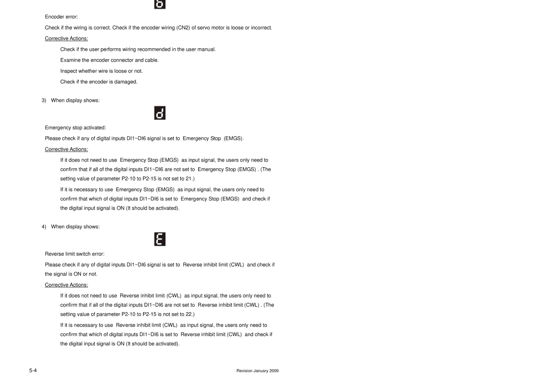 Delta Electronics ASDA-B Series manual Encoder error, Emergency stop activated, Reverse limit switch error 