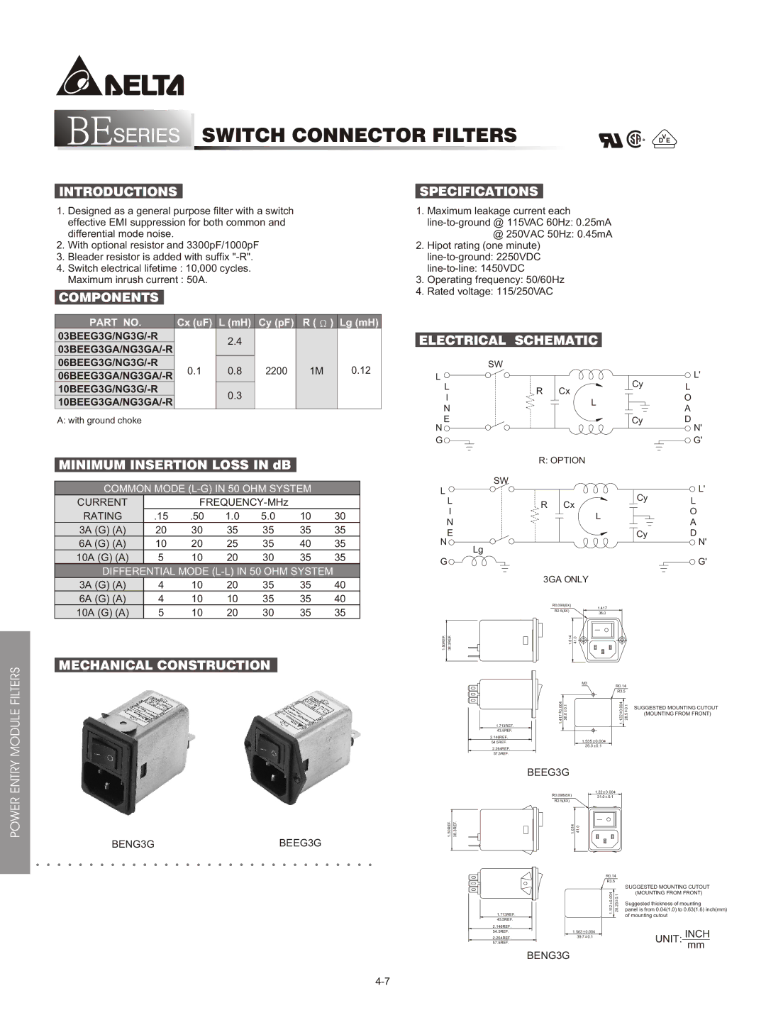 Delta Electronics BE Series specifications Series Switch Connector Filters, Introductions, Components 