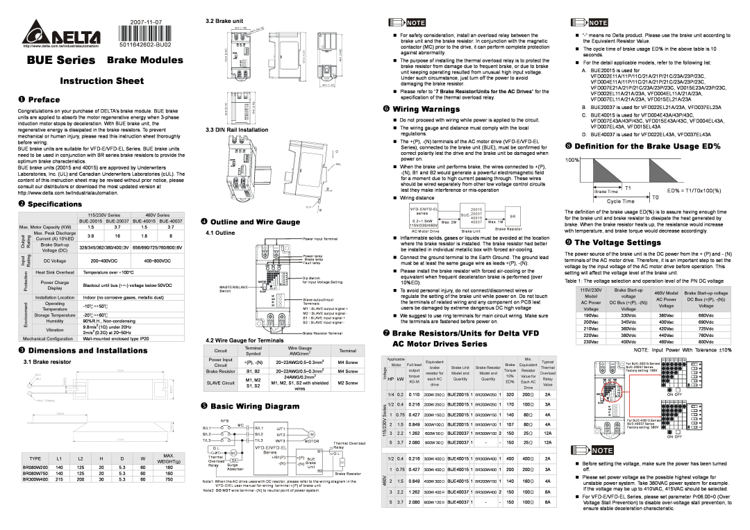 Delta Electronics instruction sheet BUE Series Brake Modules, Instruction Sheet, X Preface, Wiring Warnings, 2007-11-07 
