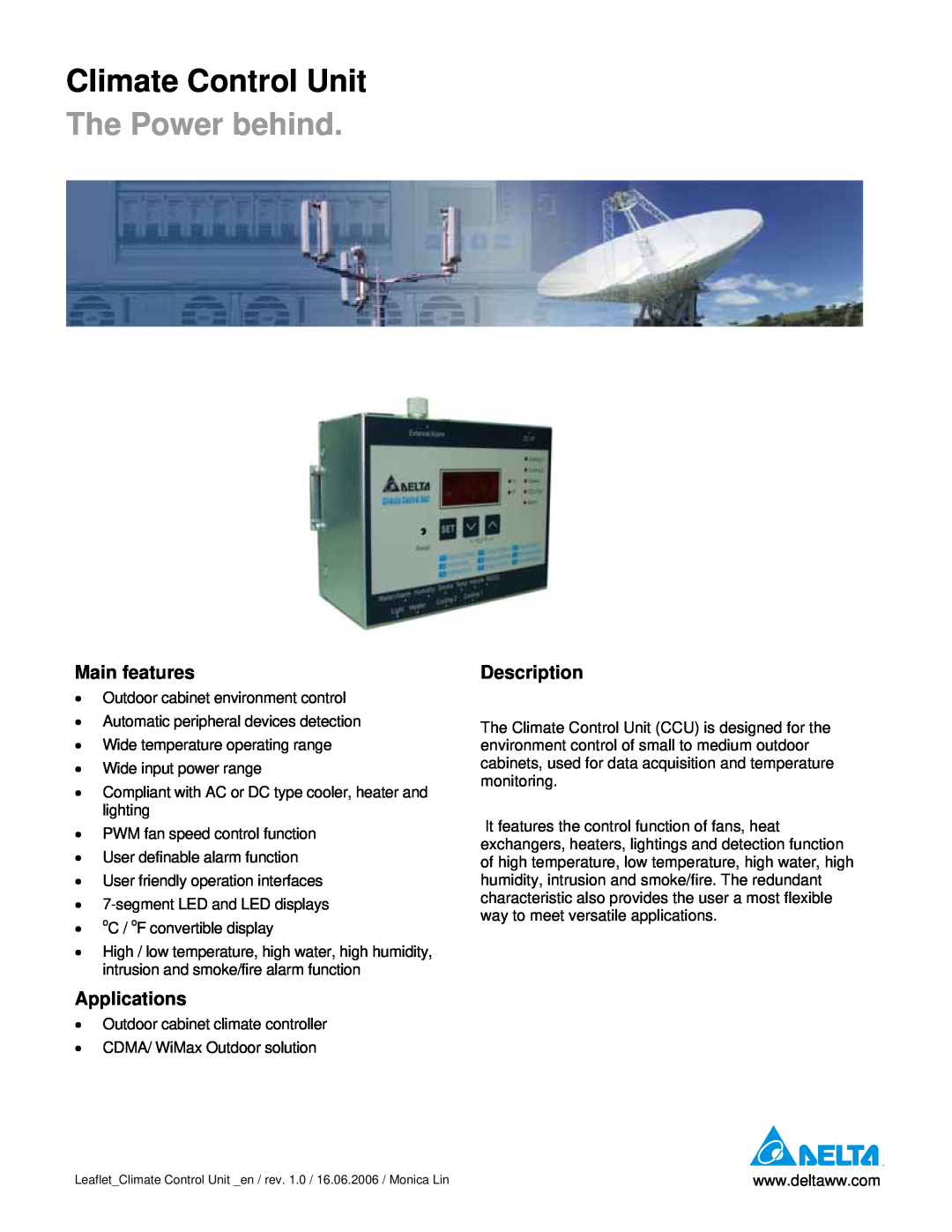 Delta Electronics CCU manual Climate Control Unit The Power behind, Main features, Applications, Description 