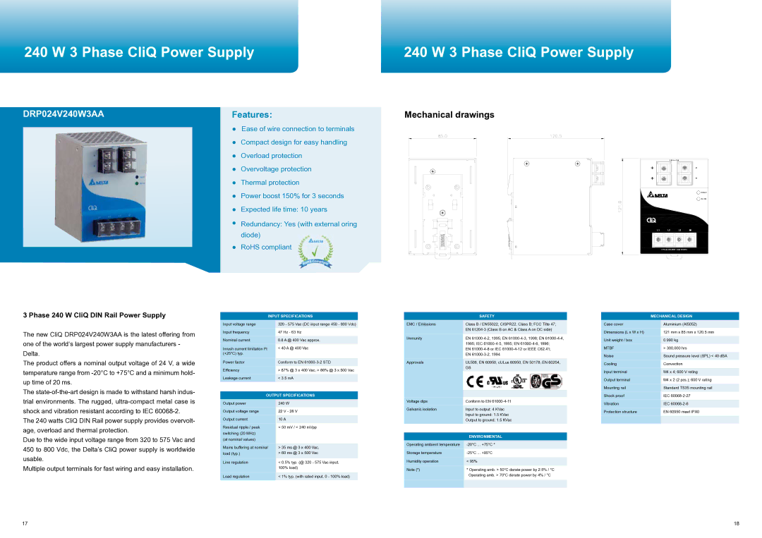 Delta Electronics manual 240 W 3 Phase CliQ Power Supply, DRP024V240W3AA 