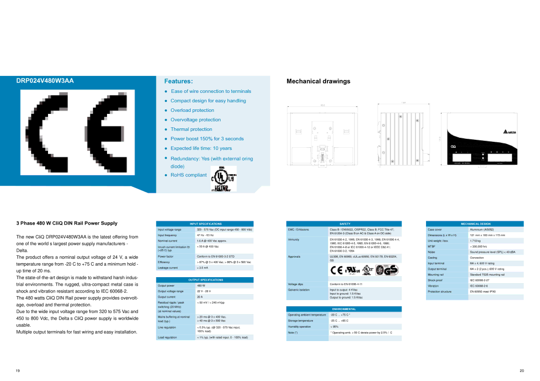 Delta Electronics manual 480 W 3 Phase CliQ Power Supply, DRP024V480W3AA 