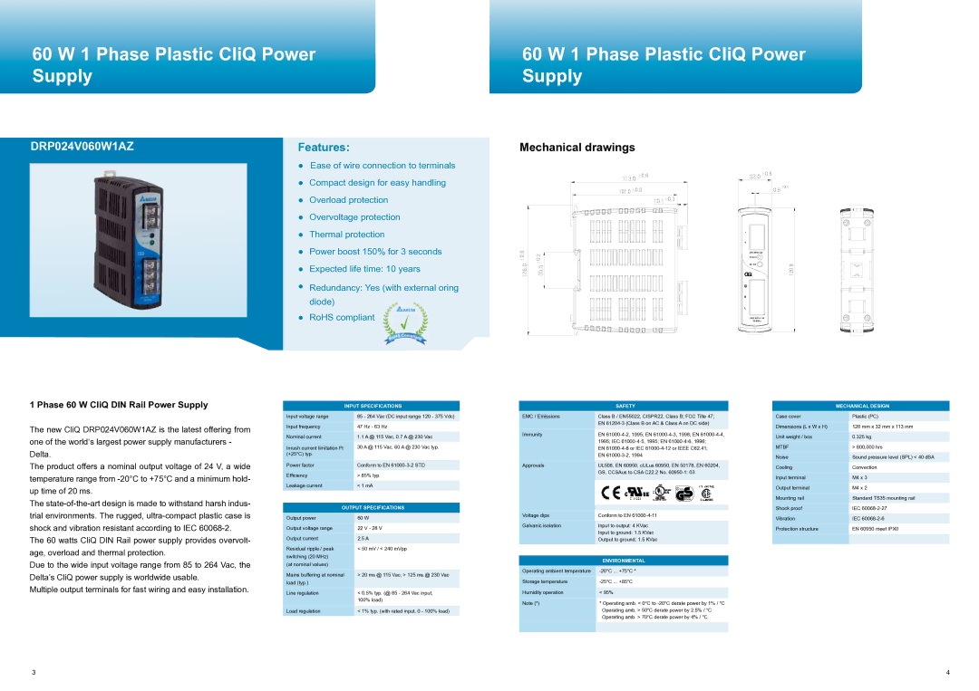 Delta Electronics manual 60 W 1 Phase Plastic CliQ Power Supply, DRP024V060W1AZ, Mechanical drawings 