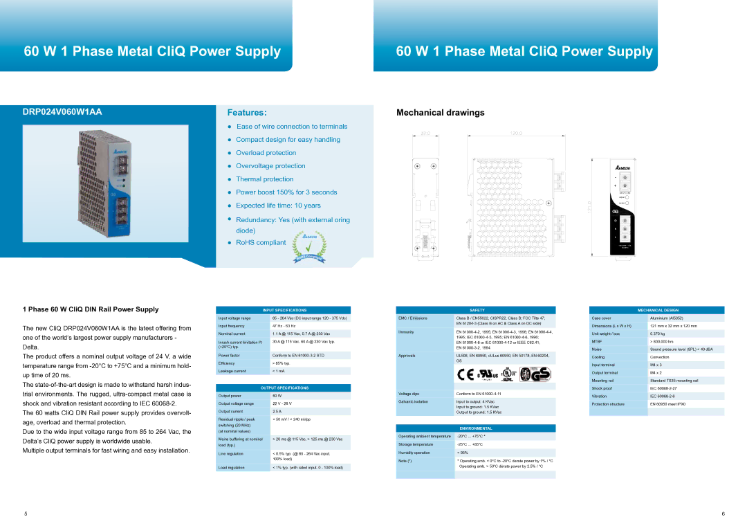 Delta Electronics manual 60 W 1 Phase Metal CliQ Power Supply, DRP024V060W1AA 