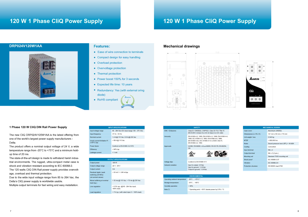 Delta Electronics manual DRP024V120W1AA, Phase 120 W CliQ DIN Rail Power Supply 