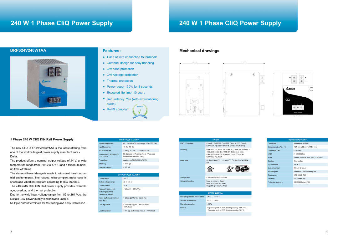 Delta Electronics manual 240 W 1 Phase CliQ Power Supply, DRP024V240W1AA, Phase 240 W CliQ DIN Rail Power Supply 