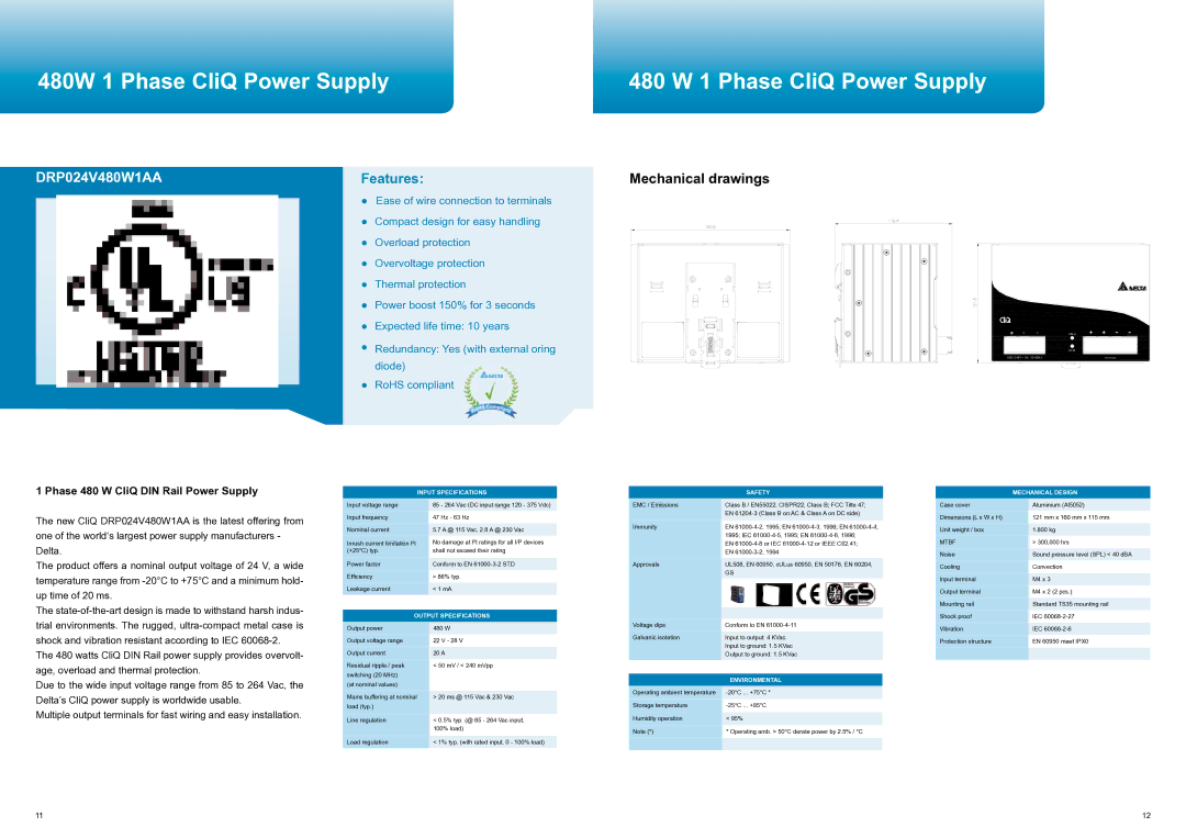 Delta Electronics manual DRP024V480W1AA, Phase 480 W CliQ DIN Rail Power Supply 