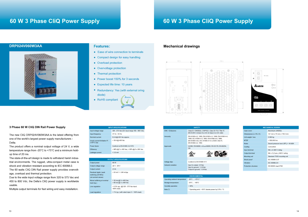 Delta Electronics manual 60 W 3 Phase CliQ Power Supply, DRP024V060W3AA 
