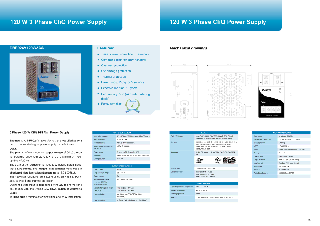 Delta Electronics manual 120 W 3 Phase CliQ Power Supply, DRP024V120W3AA 