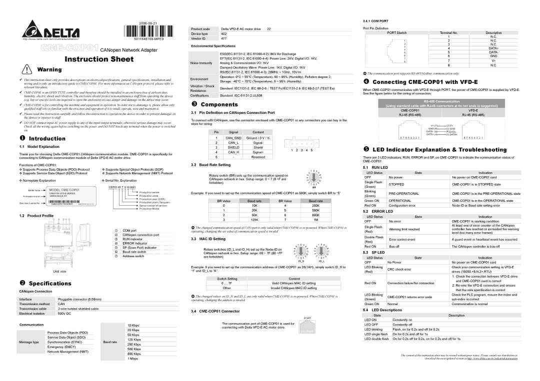 Delta Electronics instruction sheet Connecting CME-COP01 with VFD-E, Introduction, Specifications, Components 