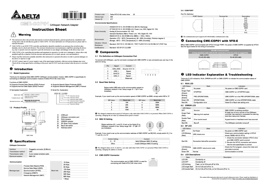 Delta Electronics instruction sheet Instruction Sheet, Connecting CME-COP01 with VFD-E, X Introduction, Z Components 