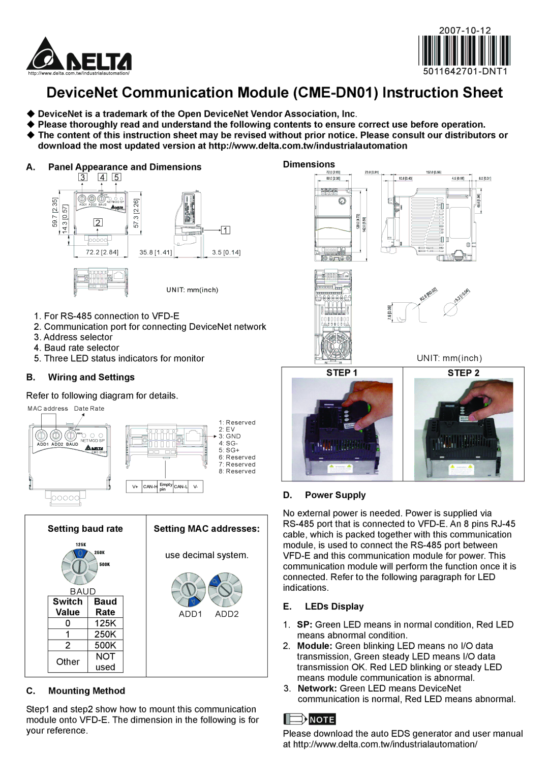 Delta Electronics instruction sheet DeviceNet Communication Module CME-DN01 Instruction Sheet 