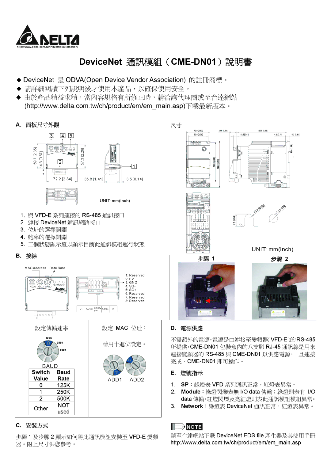 Delta Electronics instruction sheet DeviceNet 通訊模組（CME-DN01）說明書, 面板尺寸外觀, 安裝方式, 電源供應, 燈號指示 