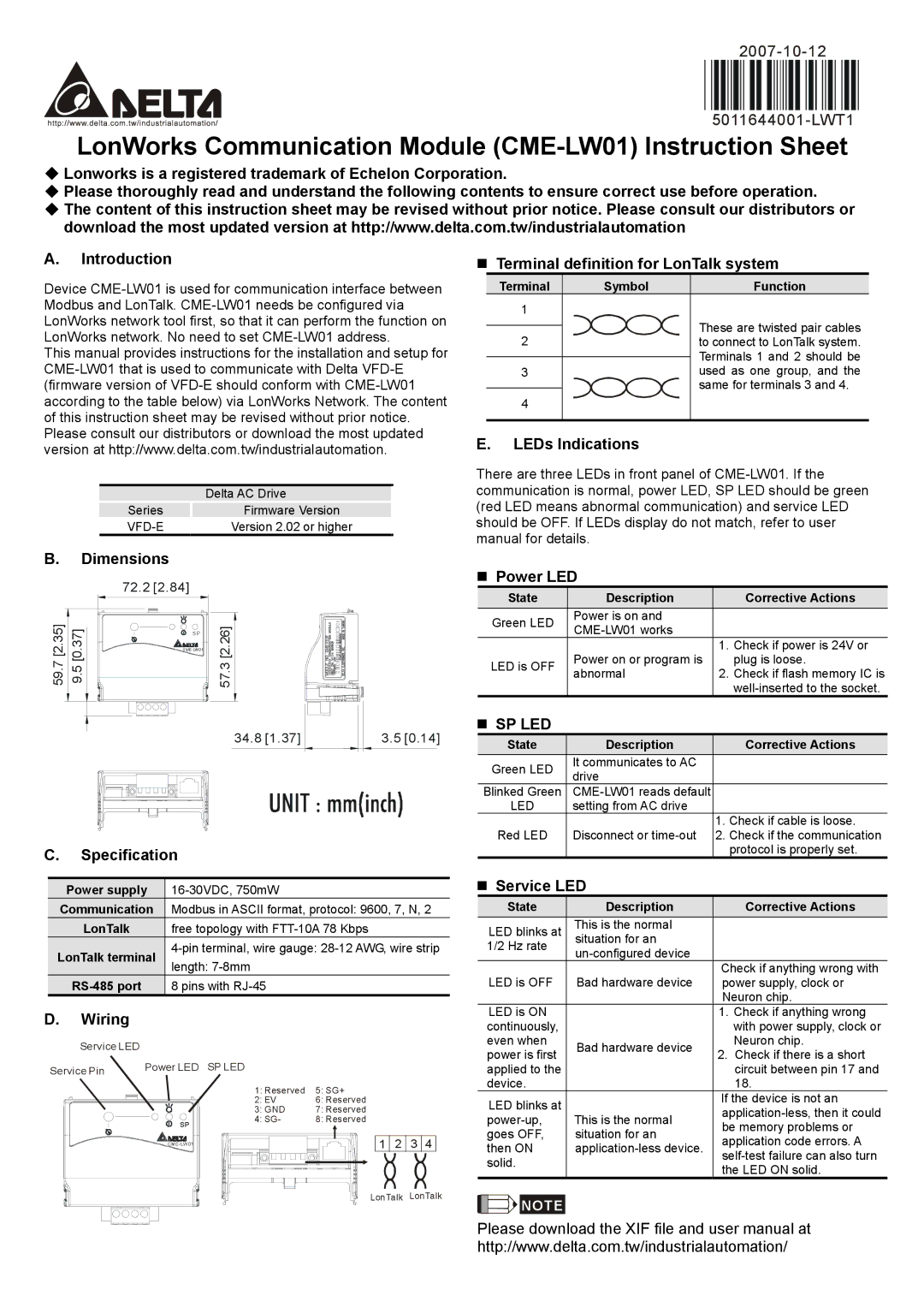 Delta Electronics dimensions LonWorks Communication Module CME-LW01 Instruction Sheet 