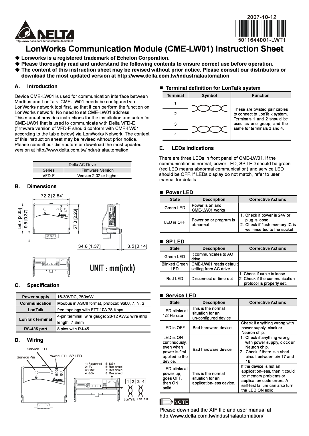 Delta Electronics dimensions LonWorks Communication Module CME-LW01 Instruction Sheet, 2007-10-12 5011644001-LWT1 