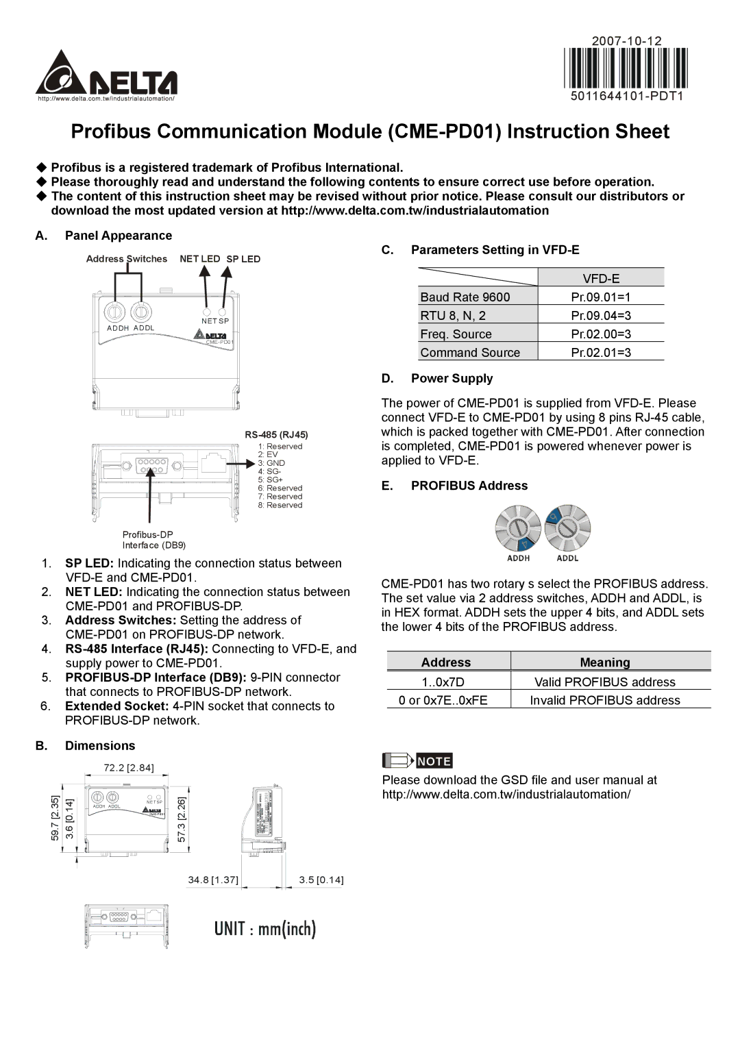 Delta Electronics instruction sheet Profibus Communication Module CME-PD01 Instruction Sheet 