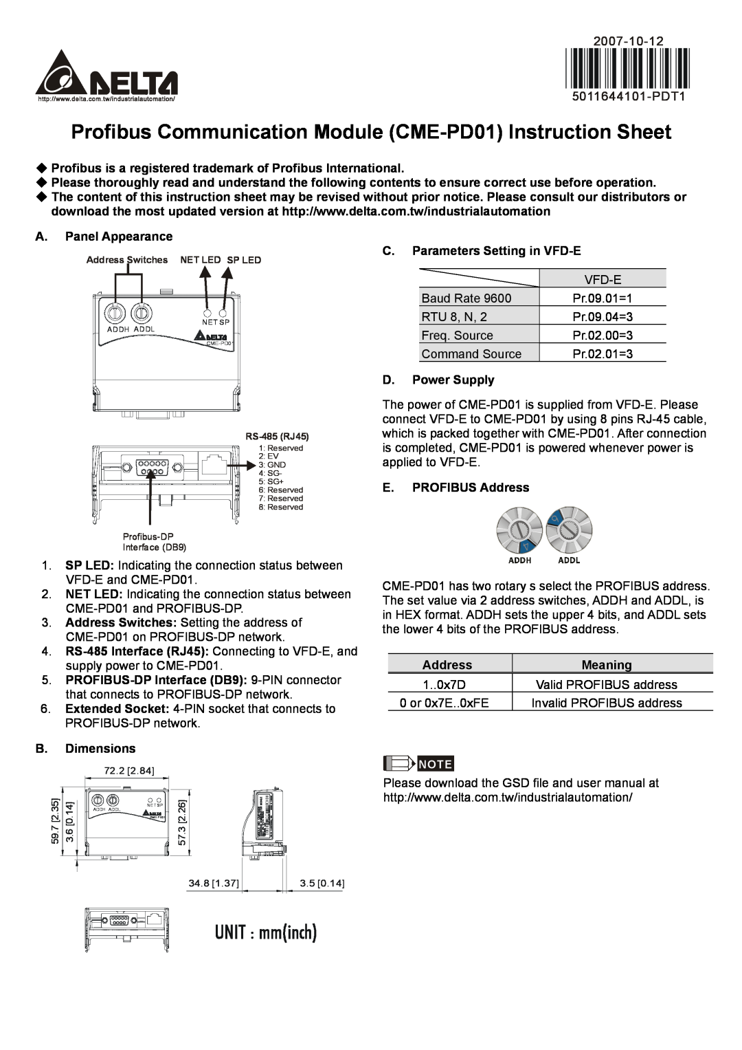 Delta Electronics instruction sheet Profibus Communication Module CME-PD01 Instruction Sheet 
