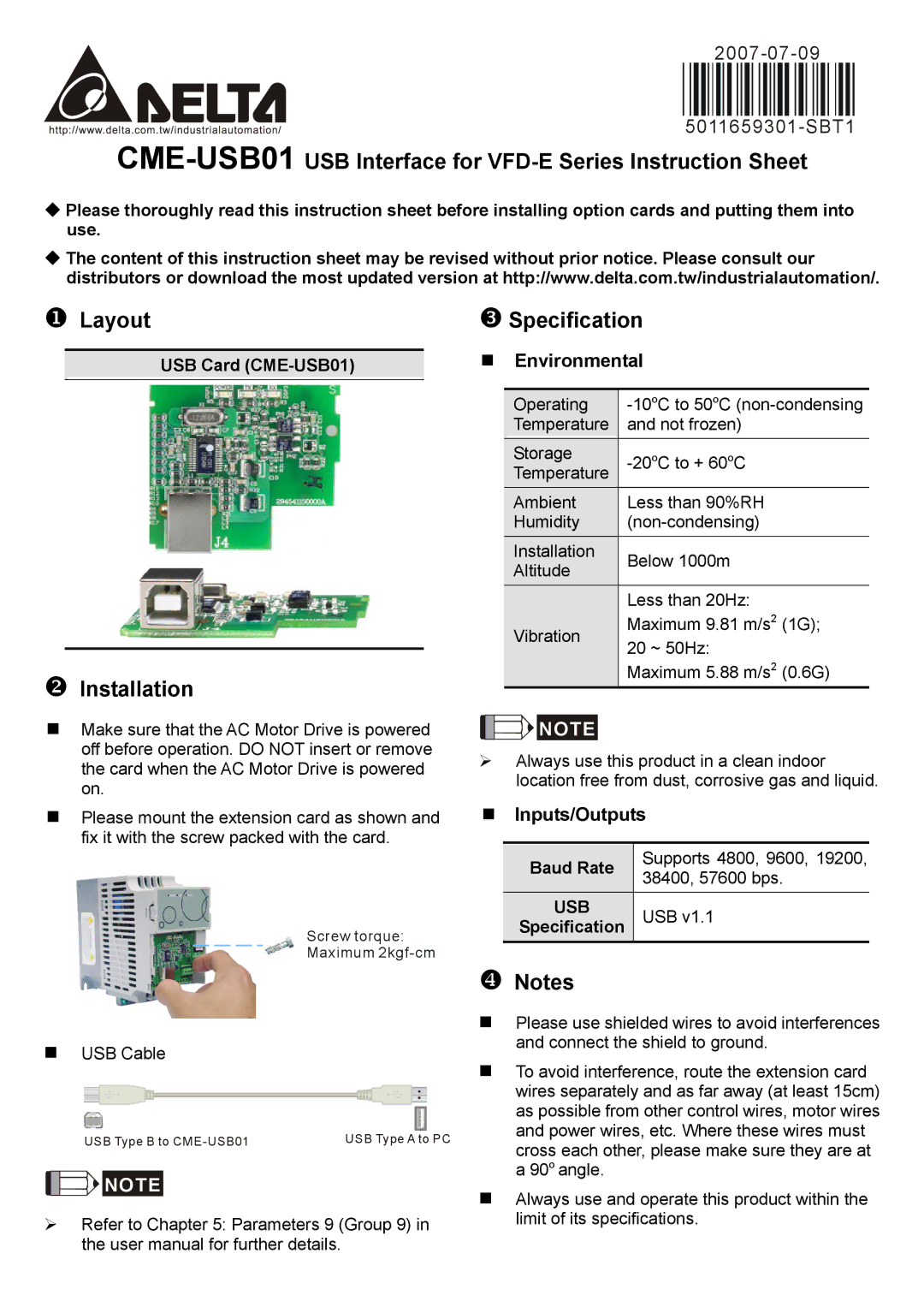 Delta Electronics instruction sheet CME-USB01USB Interface for VFD-E Series Instruction Sheet, Layout, Specification 