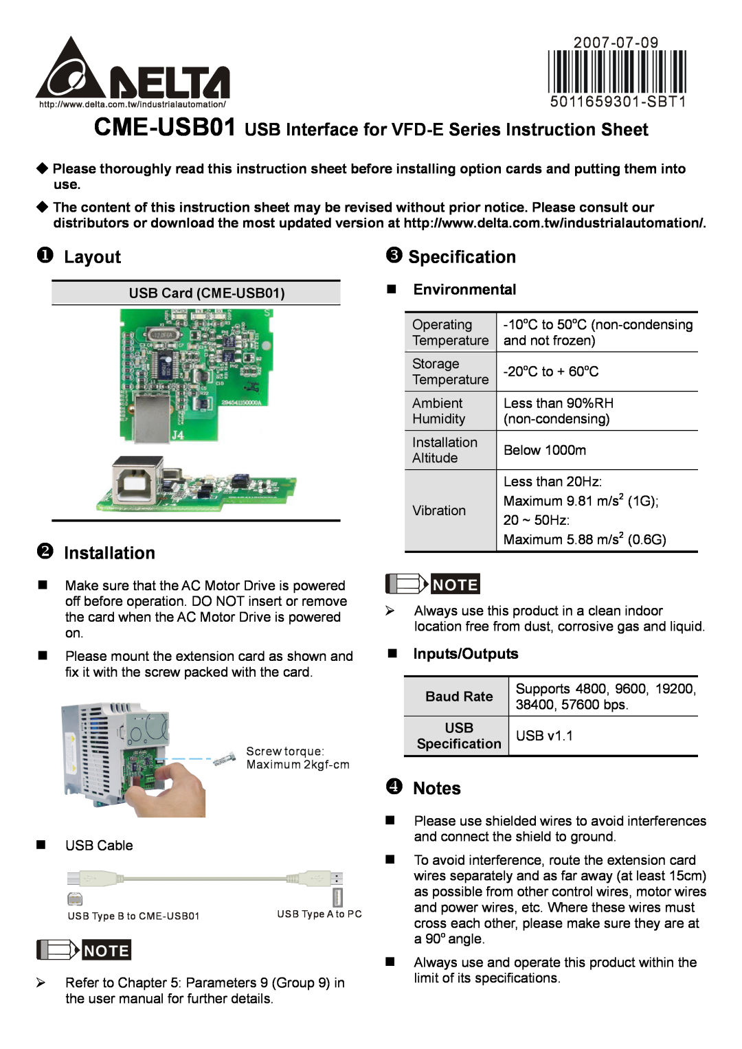 Delta Electronics CME-USB01 instruction sheet Environmental, Inputs/Outputs, X Layout, Z Specification, Y Installation 