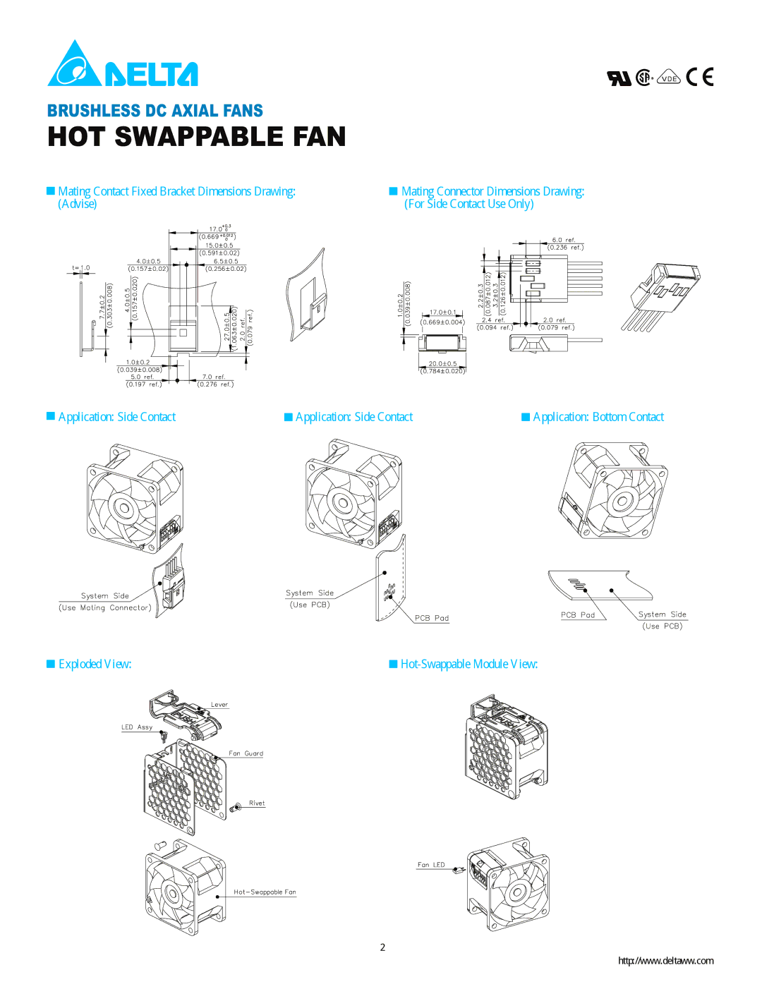 Delta Electronics DC Axial Fans manual Advise For Side Contact Use Only Application Side Contact, Exploded View 