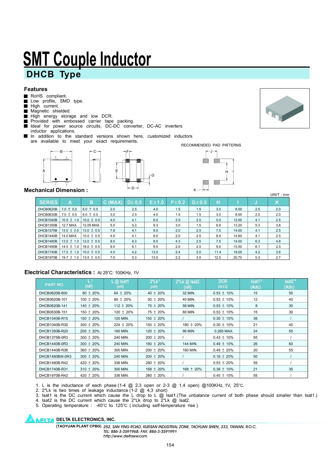 Delta Electronics DHCB manual Features, Mechanical Dimension, Electrical Characteristics At 25oC 100KHz, Series, Dcr 