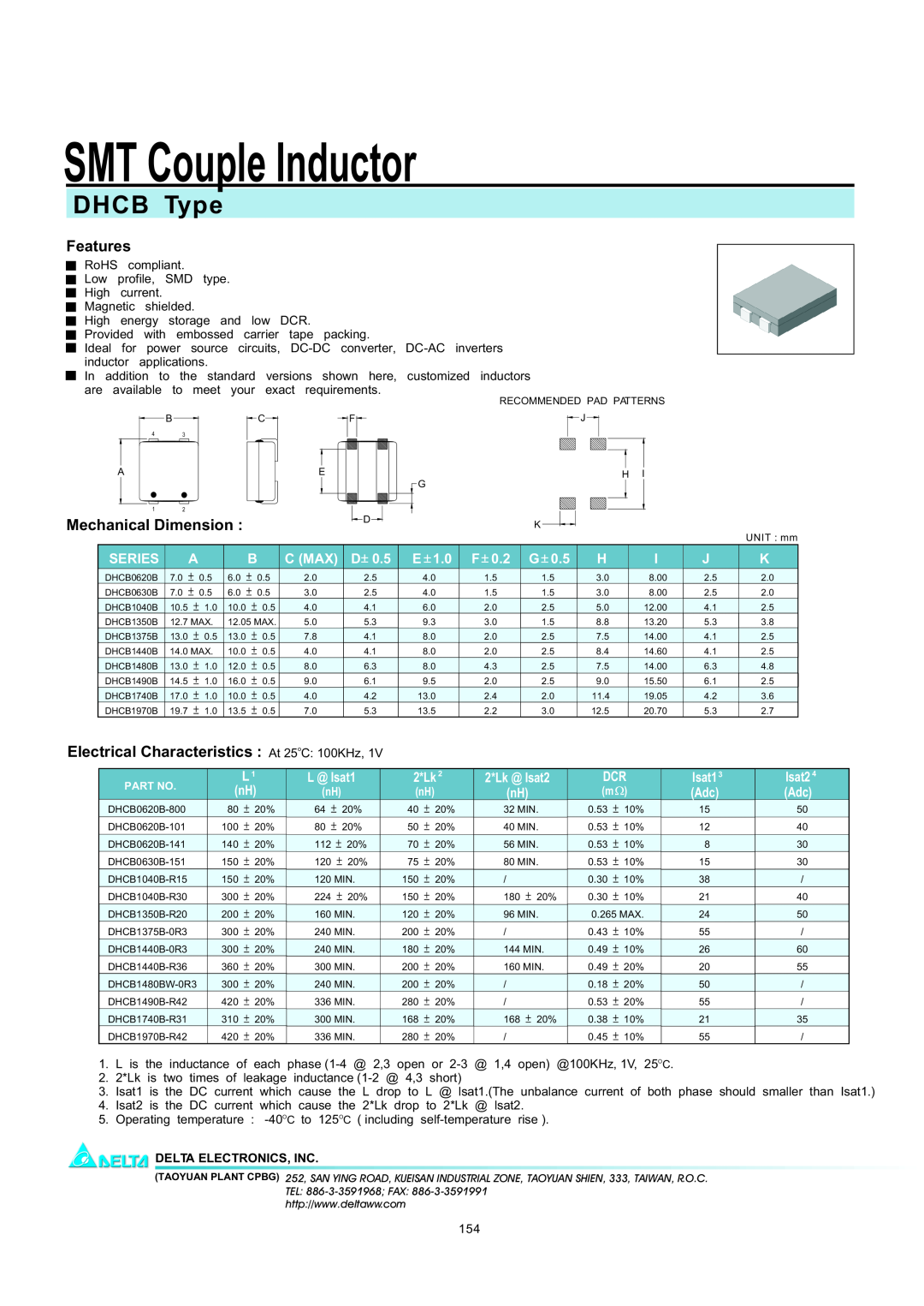 Delta Electronics manual SMT Couple Inductor, DHCB Type, Features, Mechanical Dimension, Series, L @ Isat1, 2*Lk 