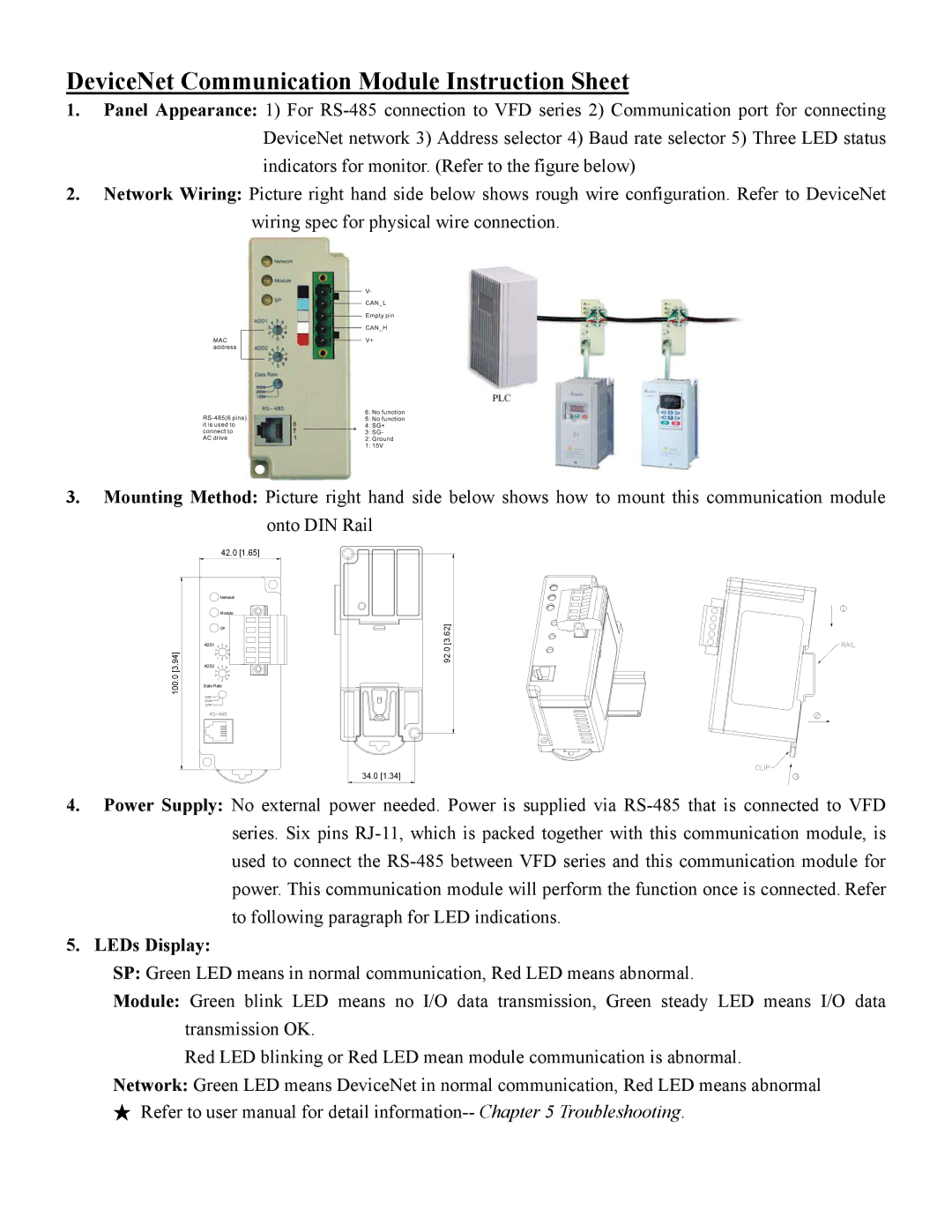 Delta Electronics DN02 instruction sheet DeviceNet Communication Module Instruction Sheet, LEDs Display 