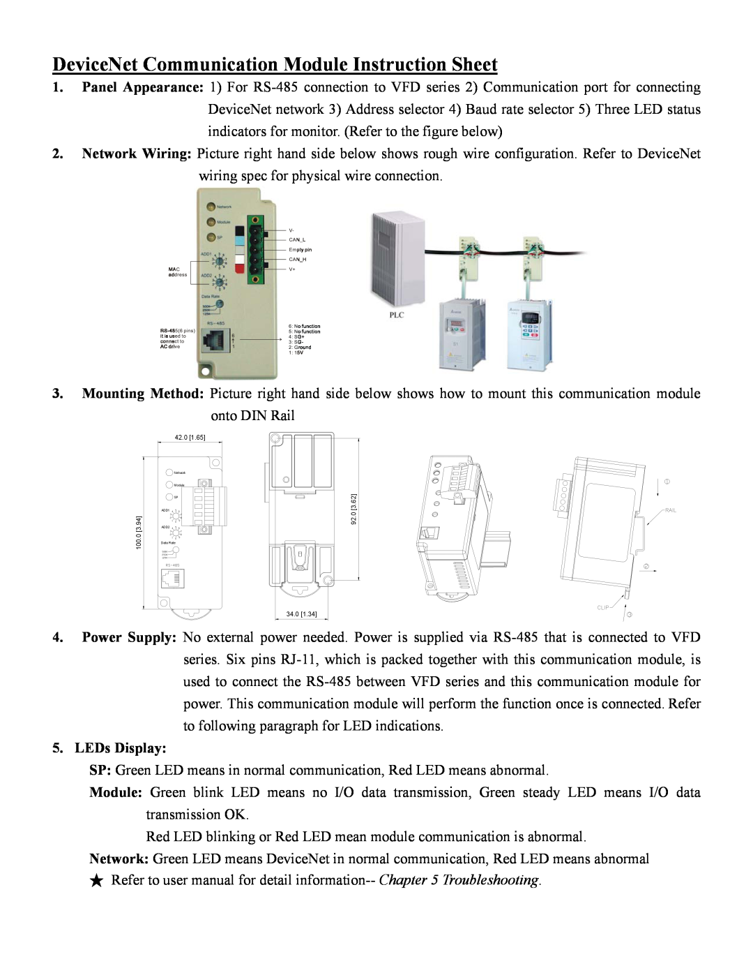 Delta Electronics DN02 instruction sheet DeviceNet Communication Module Instruction Sheet, LEDs Display 
