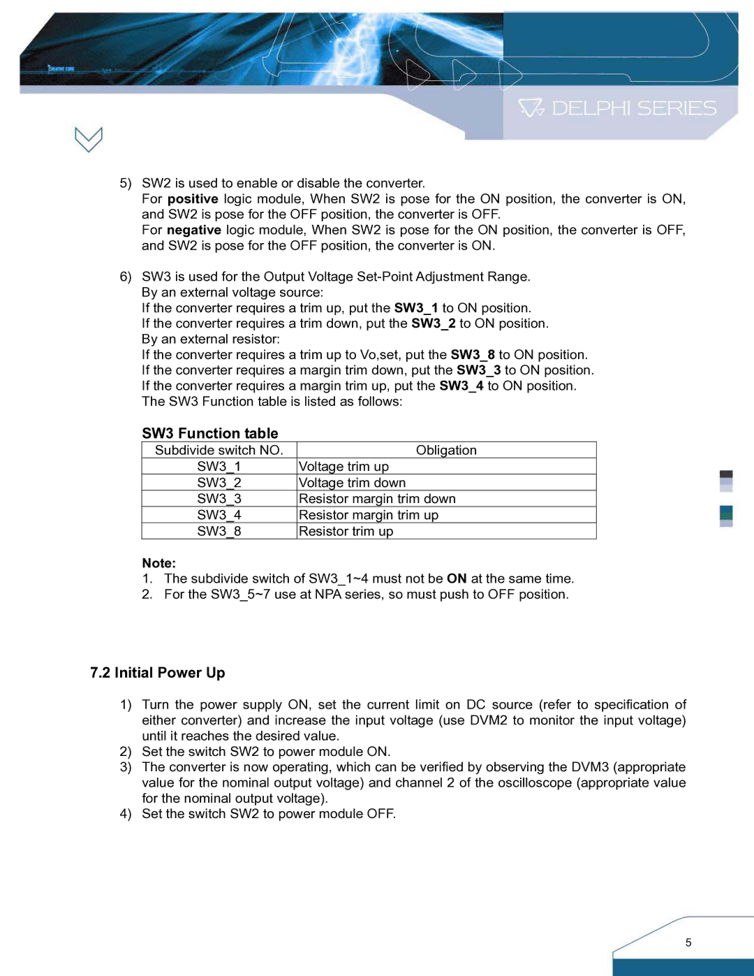 Delta Electronics DNM, DNL SIP Series manual SW3 Function table, Initial Power Up 