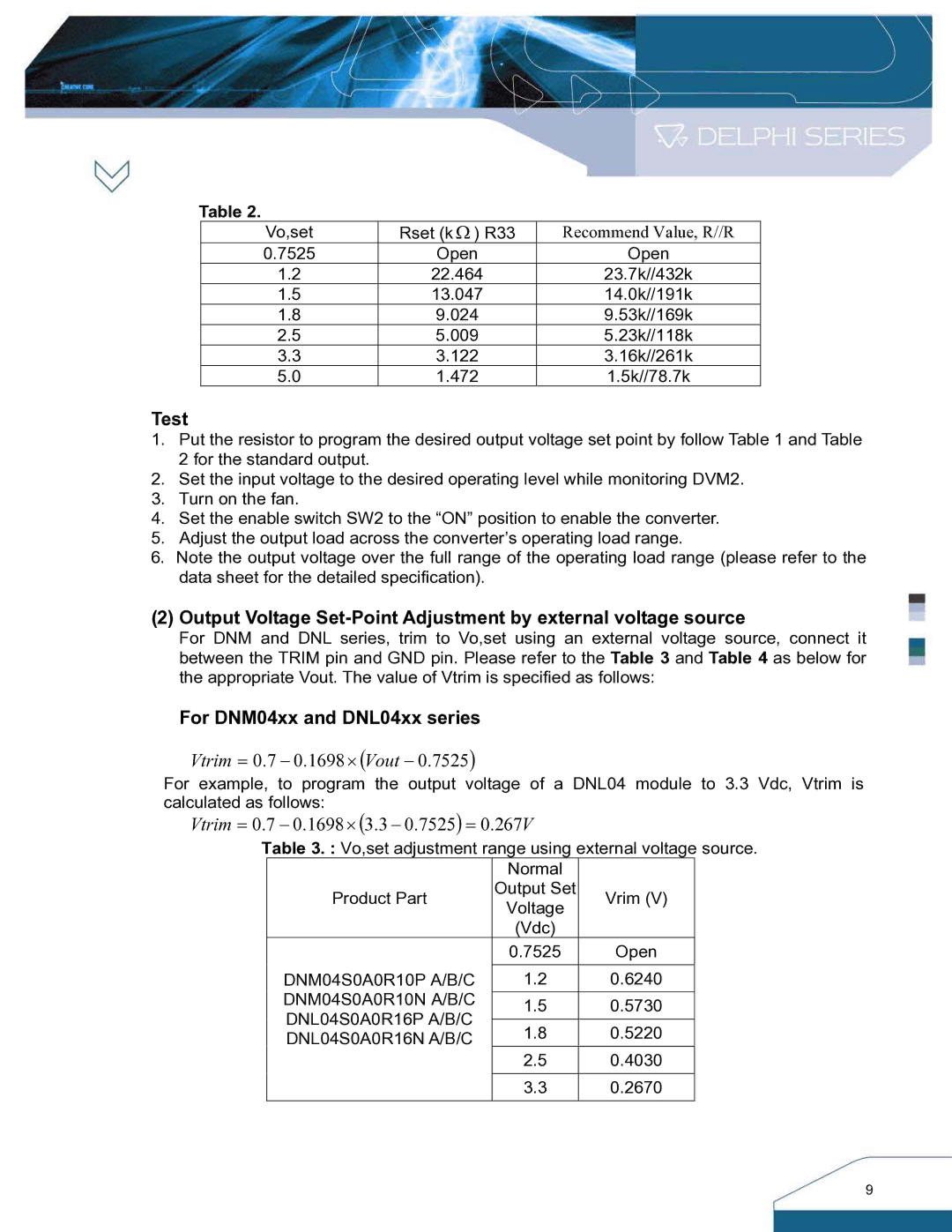 Delta Electronics DNL SIP Series manual For DNM04xx and DNL04xx series, Vtrim = 0.7 − 0.1698 ⋅ Vout 